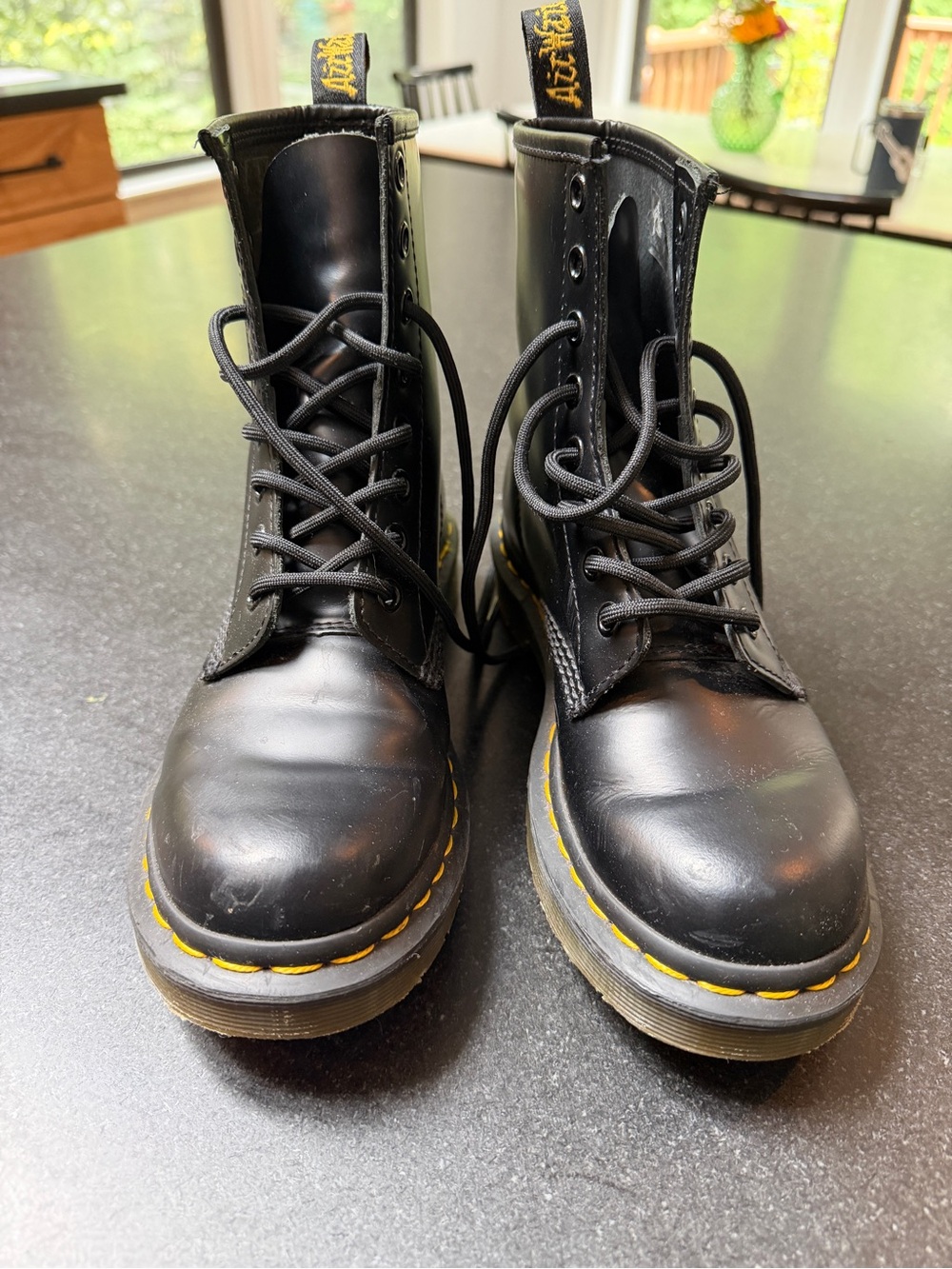 Black Dr Marten Leather Lace-Up Boots with Yellow Stitching